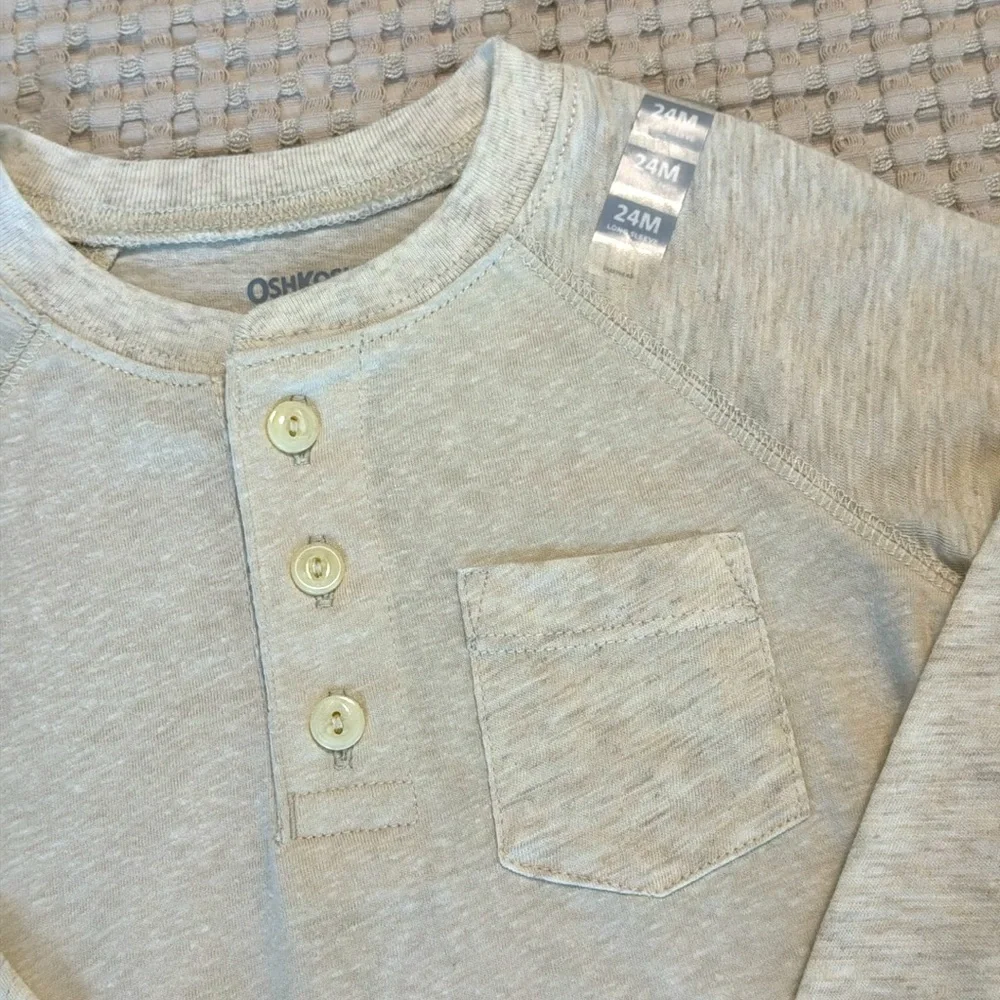 OshKosh B'gosh Boys' Long Sleeve Raglan Henley Button Pocket Tee Tan Oatmeal